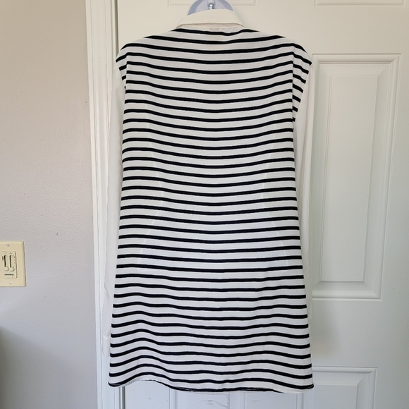 Anne Klein Roll Tab Sleeve Navy Blue White Striped Full Zip Semi Sheer Blouse L - Picture 4 of 11